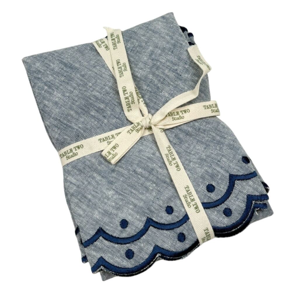 Table Two Studio Avalon Placemat Set Embroidered Chambray Linen Scalloped